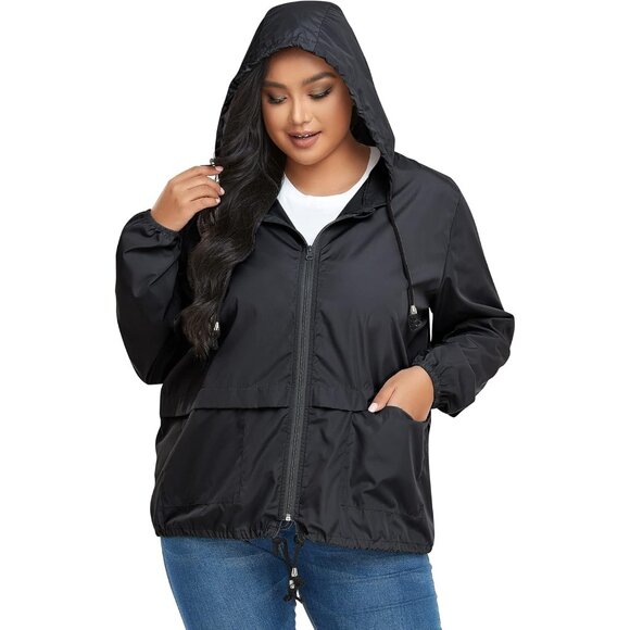 Plus Size Waterproof Rain Jacket Women's Lightweight Packable Windbreaker - Picture 2 of 6